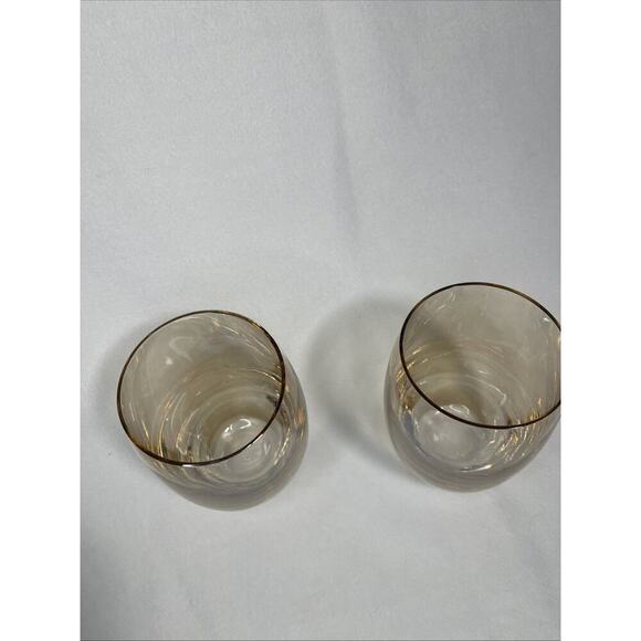 VINTAGE Glass Tumblers 16 oz. IRIDESCENT YELLOW GOLD Bulbous 2 Pc Set - Picture 2 of 3